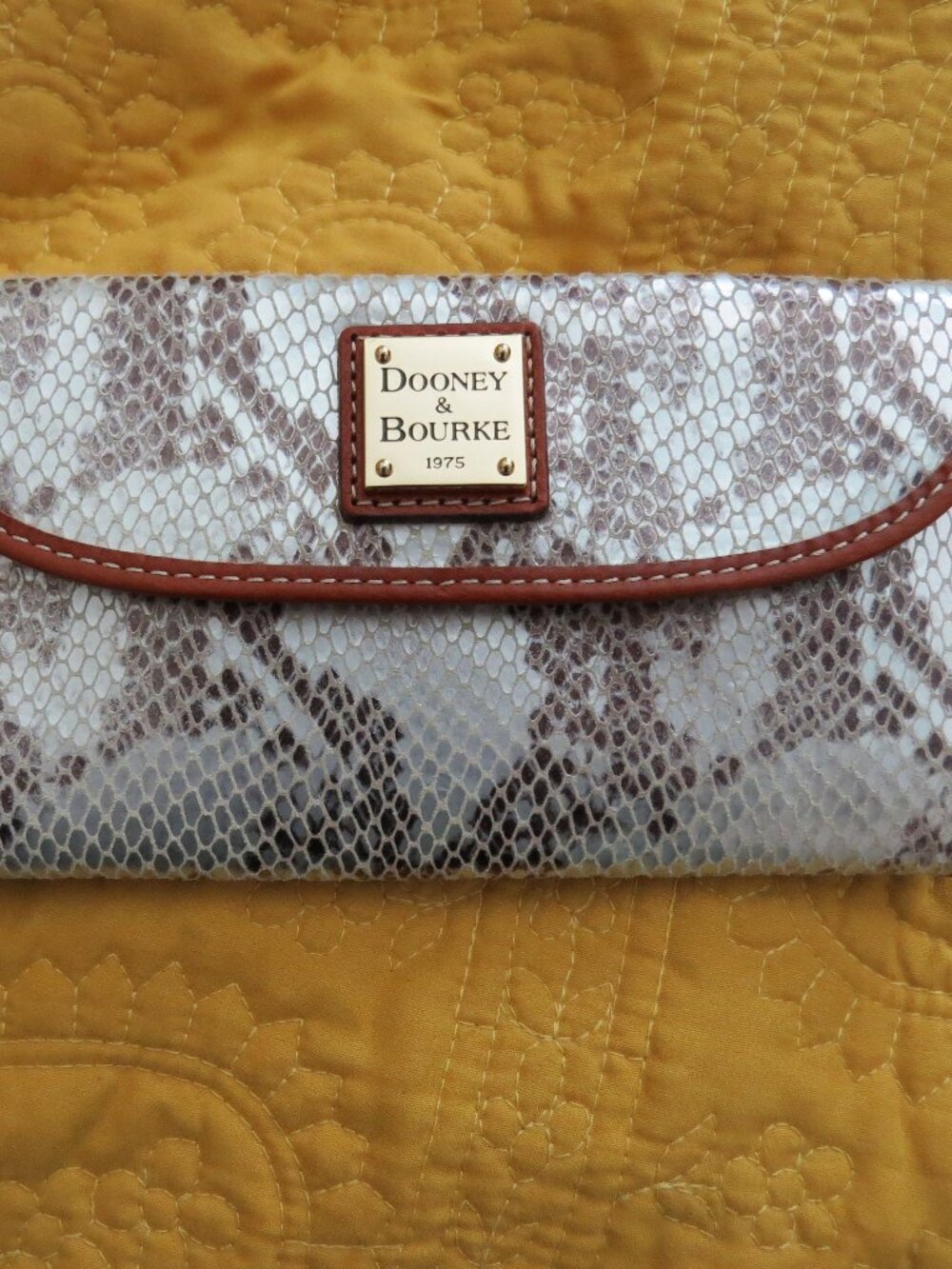Dooney & Bourke Snake Embossed Leather Wallet Brown Trim Snap Flap 4x7